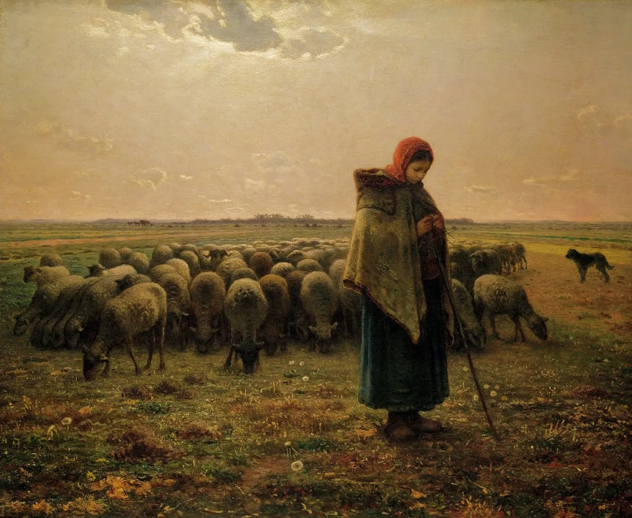 L'image est une peinture de Jean-François Millet. Vêtue d'une capeline de laine et coiffée d'un capuchon rouge, une jeune bergère (peut-être la propre fille du peintre) se tient debout en avant de son troupeau. Elle tricote, le regard baissé vers son ouvrage. Dans un paysage monotone, qui s'étend sans le moindre accident jusqu'au lointain, elle est seule avec ses animaux. Le troupeau forme comme une tache de lumières ondulantes, reflets des embrasements du soleil couchant.