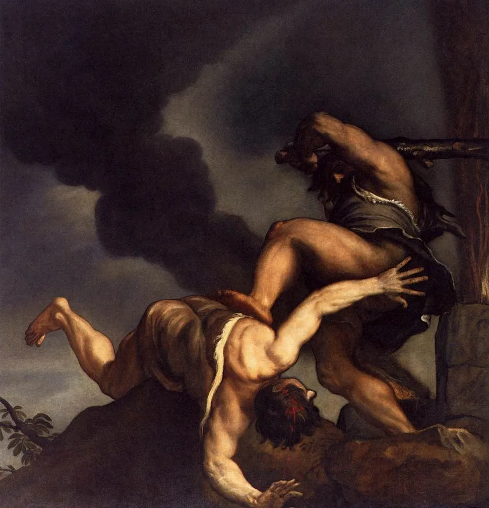L'image est une peinture représentant deux hommes en train de se battre. La scène est vue en contreplongée. Au tout premier plan, l'un des deux hommes chute, poussé du pied par le second qui le domine et s'apprête à lui asséner un coup de massue. A l'arrière plan une colonne de fumée noire s'élève sur un ciel sombre.