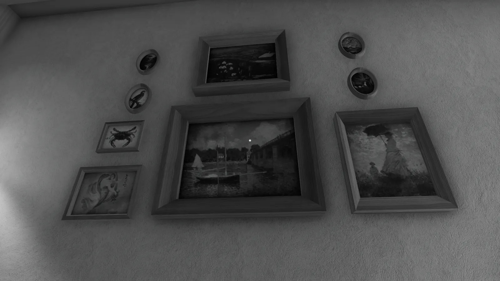 Capture d'écran du jeu The Shattering. L'image est en noir et blanc et montre un ensemble de tableaux et de petits cadres accrochés au mur.