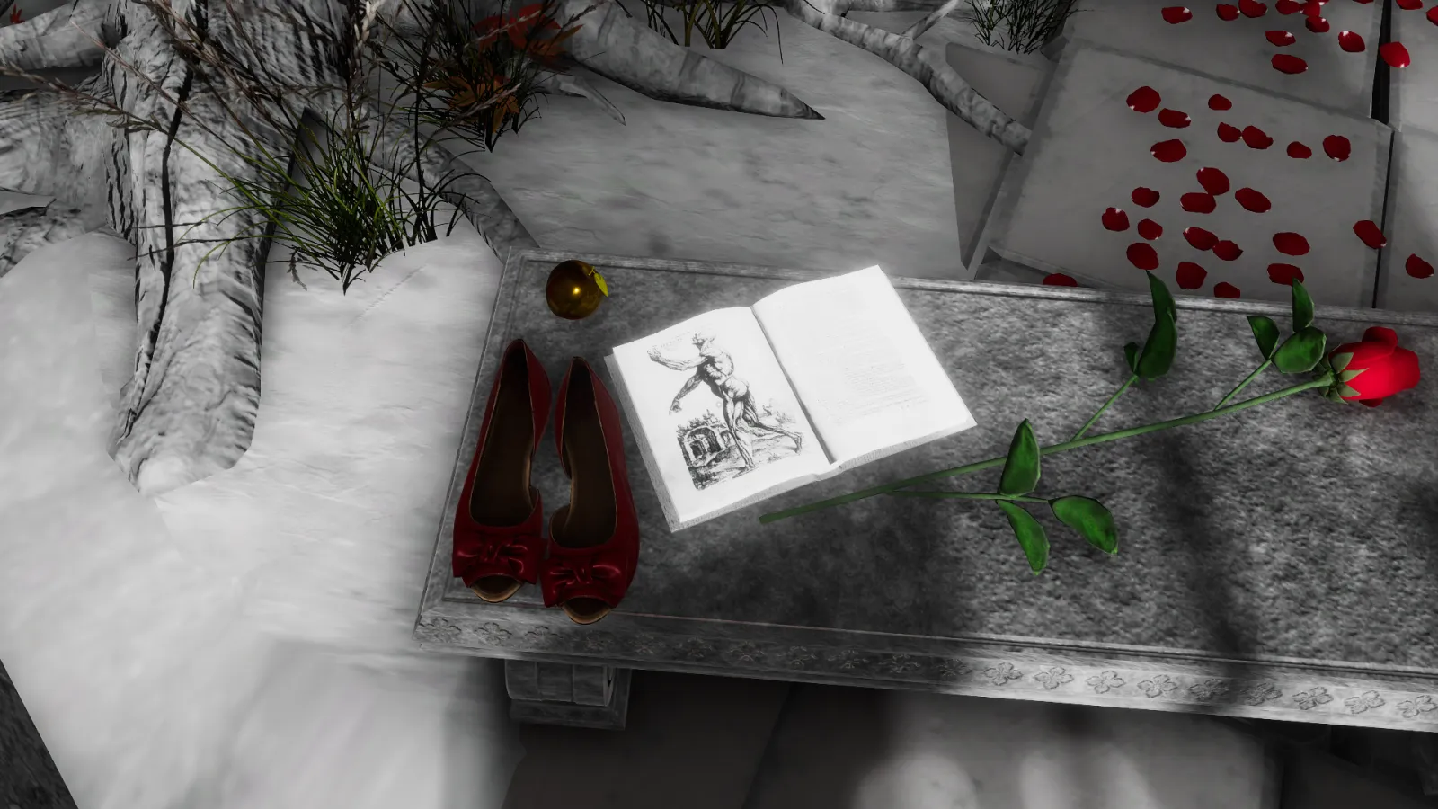 Capture d'écran du jeu The Shattering. L'image est en noir et blanc et montre un livre illustré de gravure posé sur un banc de pierre, à côté d'une rose et d'une paire de chaussures.