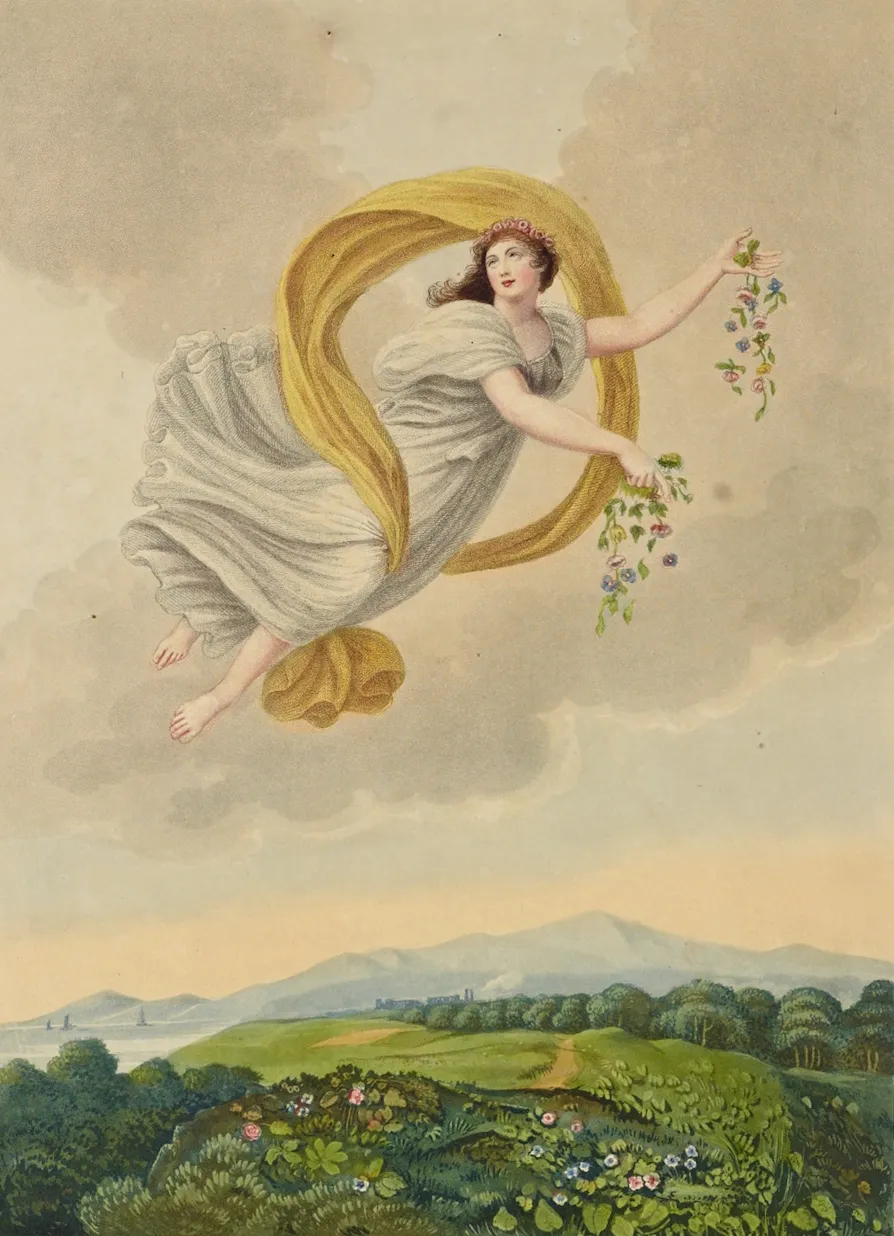 L'image est une gravure en couleur représentant la déesse Flore survolant un paysage verdoyant