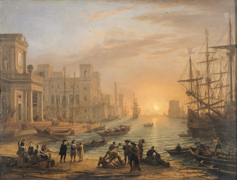 Tableau de Claude le Lorrain représentant un Port de mer au soleil couchant. Des hommes s'affairent sur la plage au premier plan. De grands navires type galions sont visibles à droite, à faible distance, et d'autres plus loin à l'horizon, où rougeoie le soleil couchant. A droite s'élèvent jusqu'à l'horizon de majestueuses architectures à l'antique.