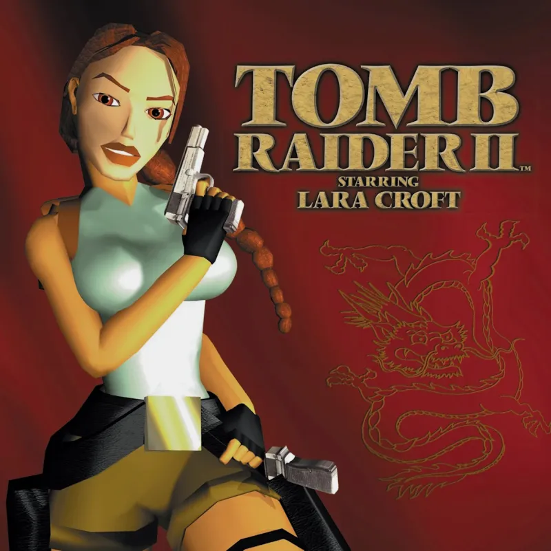 Logo de Tomb Raider II représentant Lara Croft sur un fond bordeau, accompagné du titre du jeu