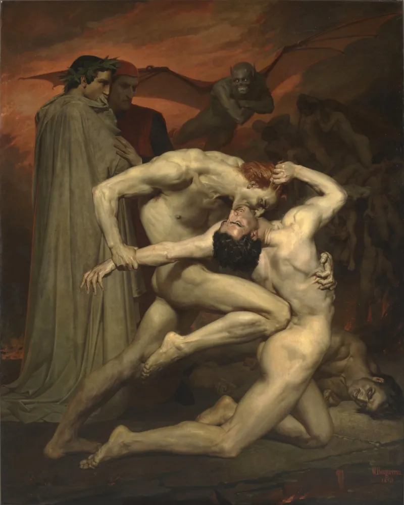 Au premier plan, au centre, deux hommes nus s'affrontent. Le premier (roux) se tient derrière le second (brun) et le maintient à terre en lui enfonçant son genou dans le dos et en lui tirant le bras gauche en arrière. Il lui mord également le cou. Au second plan, à gauche, deux autres hommes les observent. L'un est vêtu de blanc et couronné de lauriers, l'autre est en costume rouge. Plus loin encore, un démon ailé sourit. Le ciel à l'arrière plan est rougeoyant.