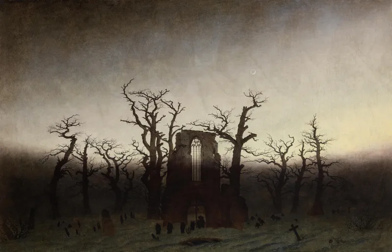 Peinture de Caspar David Friedriche. Au centre de la représentation, une procession de moines se dirige vers le portail d'une église gothique en ruines. La scène se passe dans une forêt d'abres ayant perdu leurs feuilles. Le sol enneigé fait écho à la couleur du ciel, d'une pâleur presque blanche, évoquant l'aube ou le crépuscule d'une journée d'hiver.