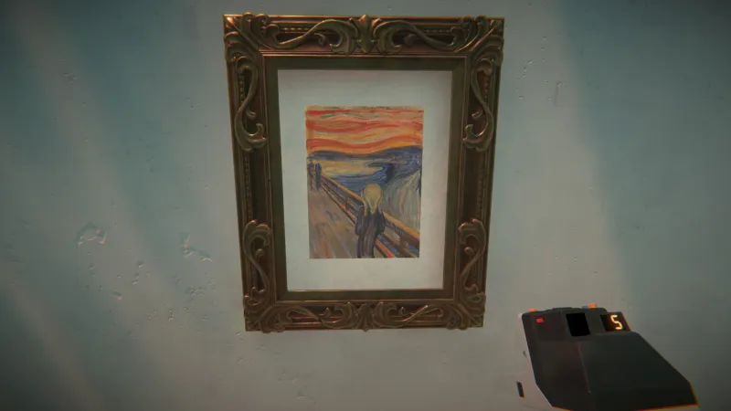 L'image est une capture d'écran du jeu Viewfinder, dans laquelle on voit accrochée à un mur blanc, au centre d'un cadre ouvragé, la toile intitulée Le Cri d'Edvard Munch