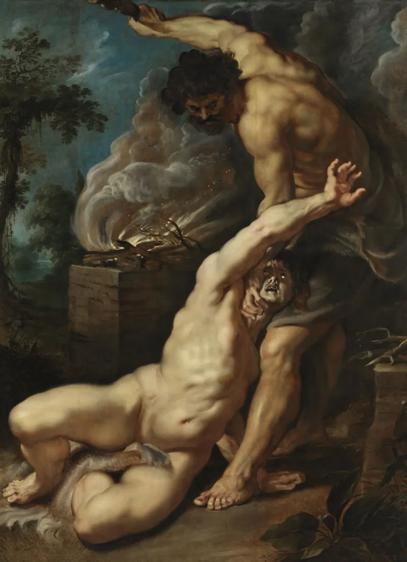 L'image est une peinture représentant deux hommes, dont l'un est à terre, maintenu au sol par le sol par le second qui s'apprête à le frapper à l'aide d'une massue. Au second plan, un autel est allumé.