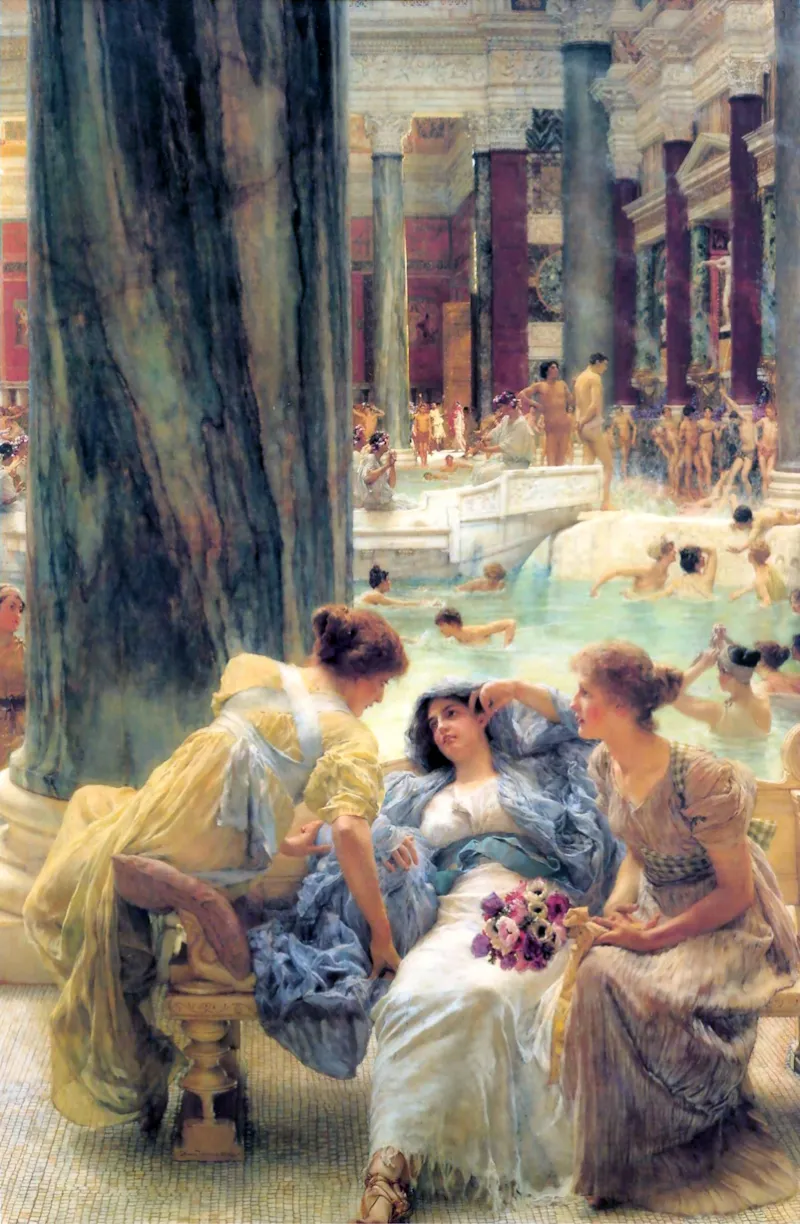 L'image est une peinture qui représente une scène de bain dans des thermes romains. Au premier plan, trois femmes vêtues à l'antique et assise sur une banquette discutent.