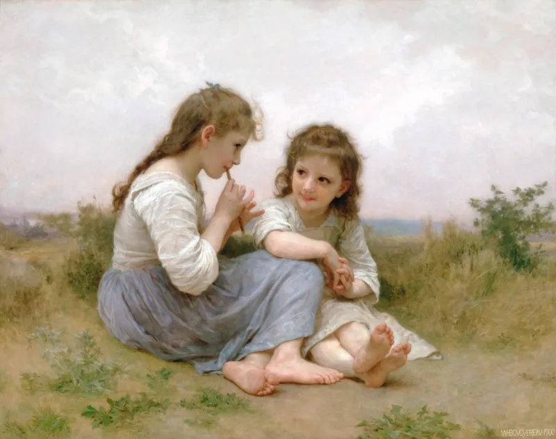L'image est une peinture représentant deux jeunes filles assises à même le sol dans un pré. L'une joue de la flûte, et la seconde la regarde en souriant.
