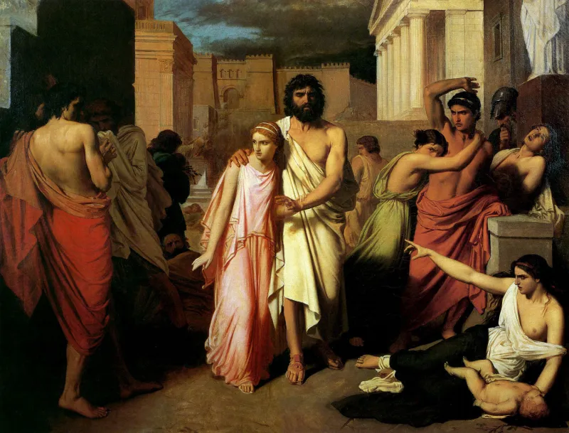 L'image est une peinture représentant un homme et une jeune femme traversant une ville antique. La jeune fille guide l'homme qui semble aveugle et prend appui sur elle. Les gens autour d'eux réagissent de diverses manières à leur passage : ils les montrent du doigt, les invectivent, font des geste de rage ou de rejet.