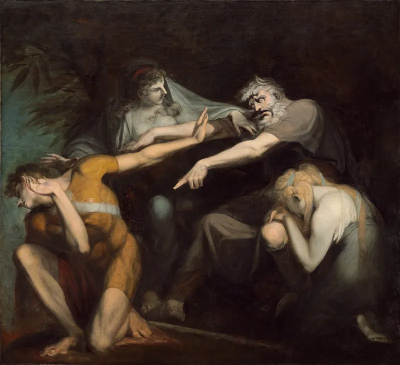 L'image est une peinture représentant une scène se jouant entre quatre personnages. A droite, un vieillard semblant très agité tend un doigt accusateur en direction d'un second personnage, à gauche, un jeune homme agenouillé qui se détourne de lui dans un geste de honte ou de refus. Deux femmes les accompagnent : l'une est agenouillée au premier plan, les mains et la tête reposant sur la cuisse du vieil homme, dans une posture de désespoir, et la seconde est au second plan et semble défendre le jeune homme.