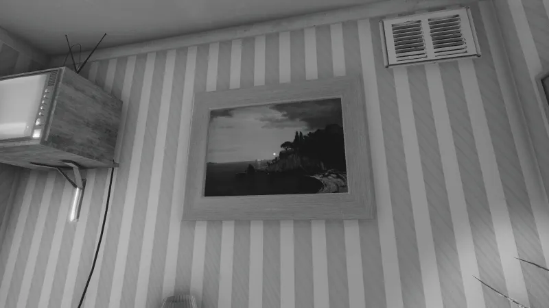 Capture d'écran du jeu The Shattering. L'image est en noir et blanc, et montre un tableau du peintre James Renwick Brevoort accroché au mur.
