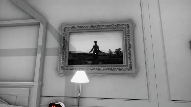 Capture d'écran du jeu The Shattering. L'image est en noir et blanc, et montre un tableau du peinture Friedrich accrochée au mur.