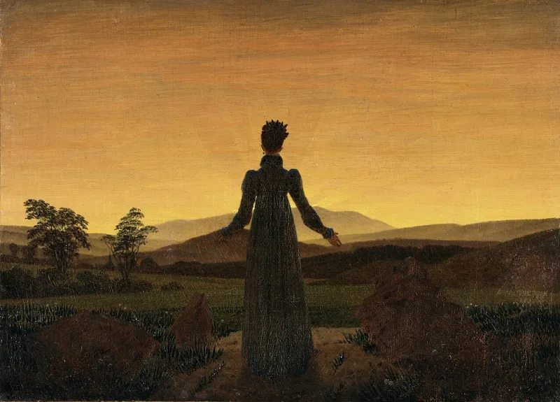 Peinture représentant un paysage de coucher de soleil avec une femme en robe sombre de dos, observant l'horizon