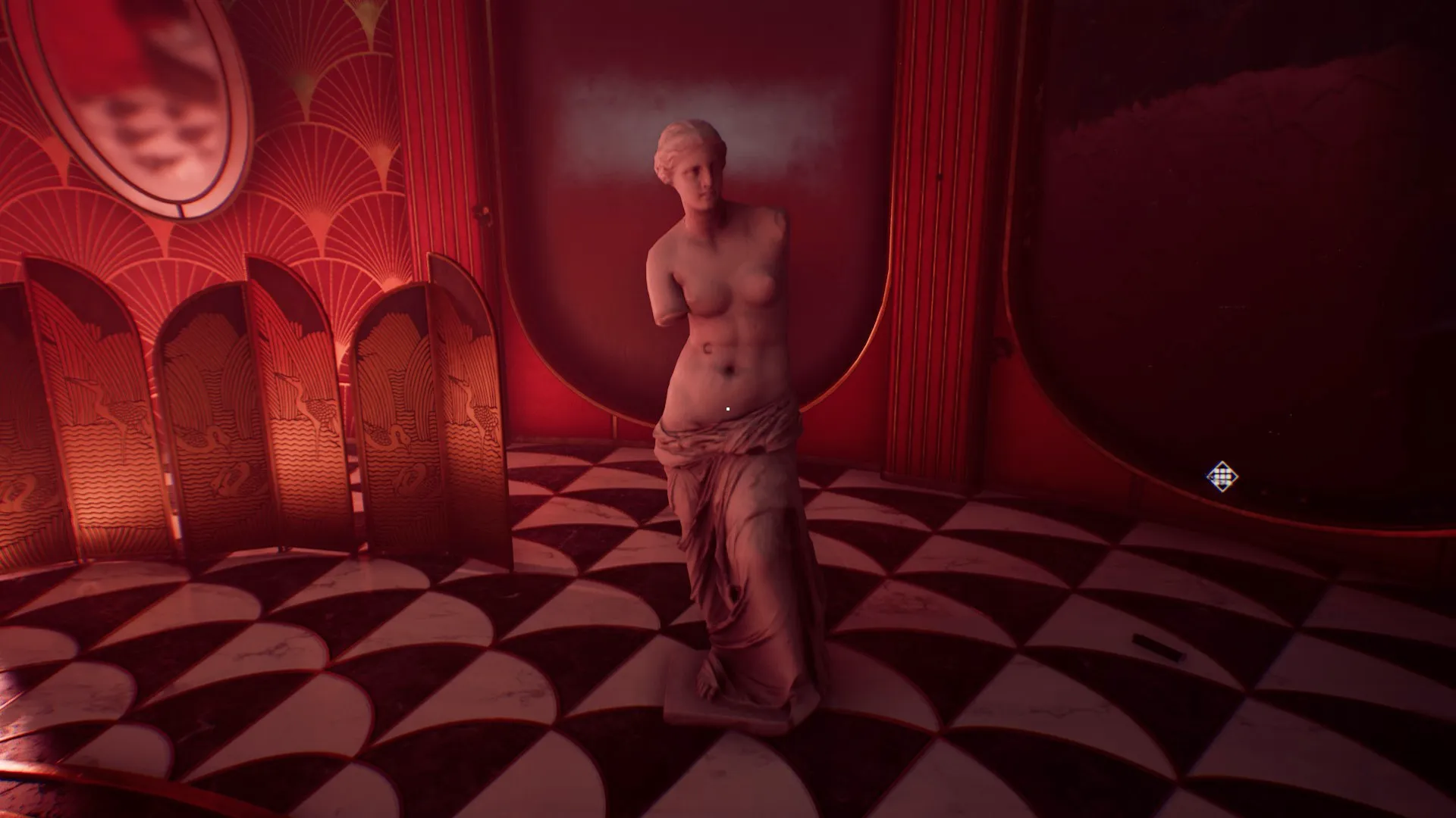 L'image est une capture d'écran du jeu Nobody Wants to Die. On y voit la sculpture antique dite "Vénus de Milo" dans une pièce au décor rouge et au carrelage noir et blanc.