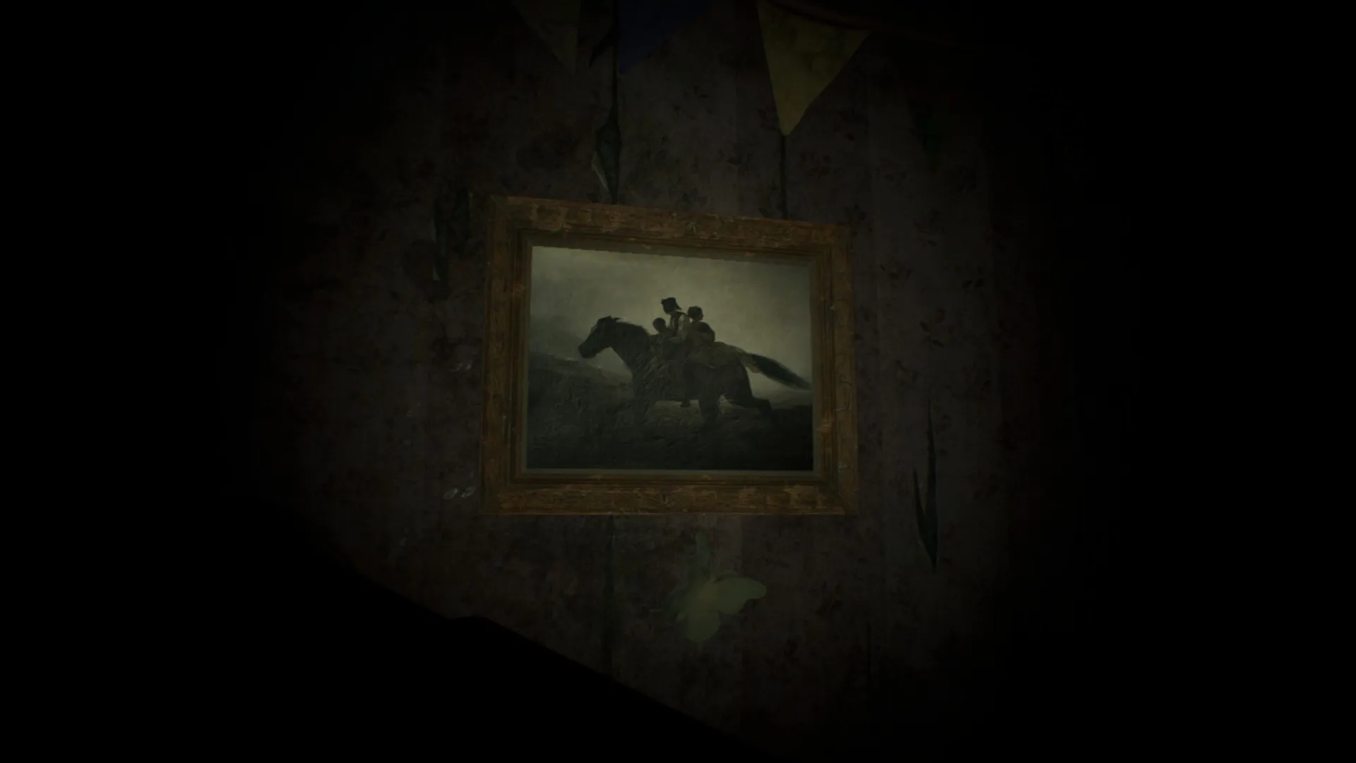 L'image est une capture d'écran du jeu Resident Evil 7. La caméra, qui adopte le point de vue du personnage joueur, nous montre un mur auquel est accrochée une oeuvre de l'artiste Eastman Johnson